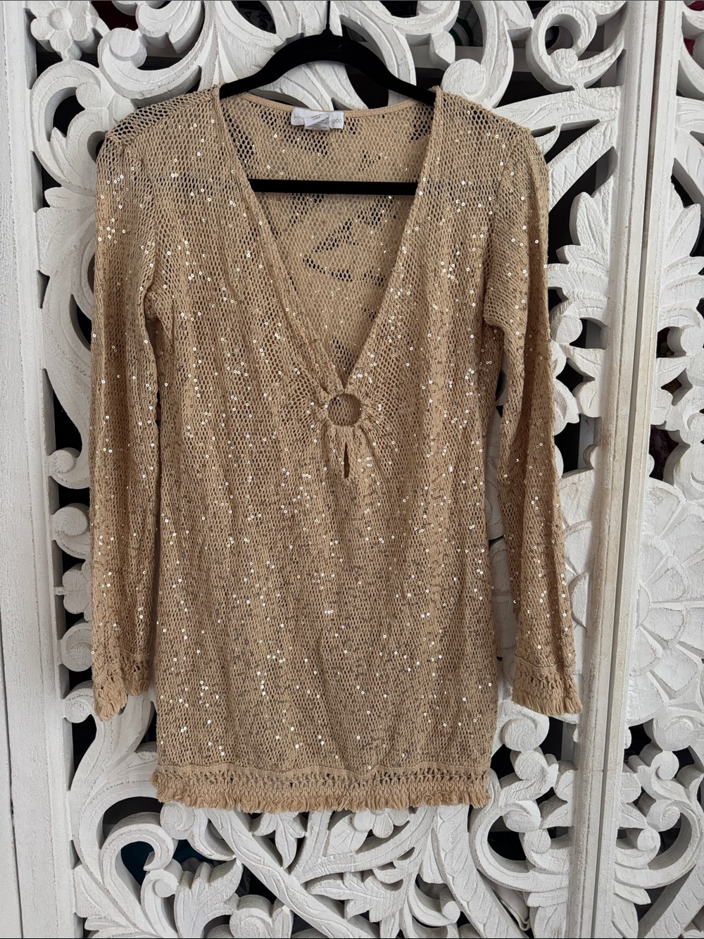 House of Harlow 1960 Sequin Crochet Tunic Cover-Up Tan XS